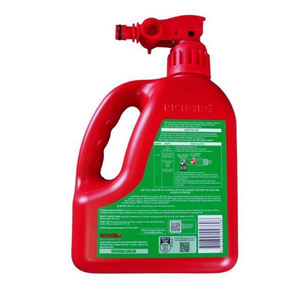 Close-up of Richgro 2L hose-on pest control bottle for lawns